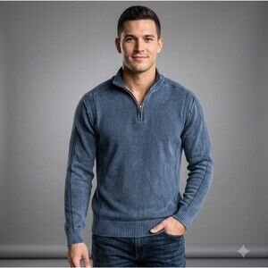 BKE Buckle Cotton 1/4 Zip Sweater Mens Sz XL Washed Vintage Indigo Athletic Fit